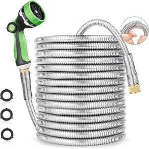 HOMEIDEAS 100 ft Leak-proof Stainless Steel Metal Garden Hose Set - Newly Premium SUS304 Spring Protective Sleeve, Anticorrosive 3/4" Brass Fittings - Perfect for Outdoor Watering