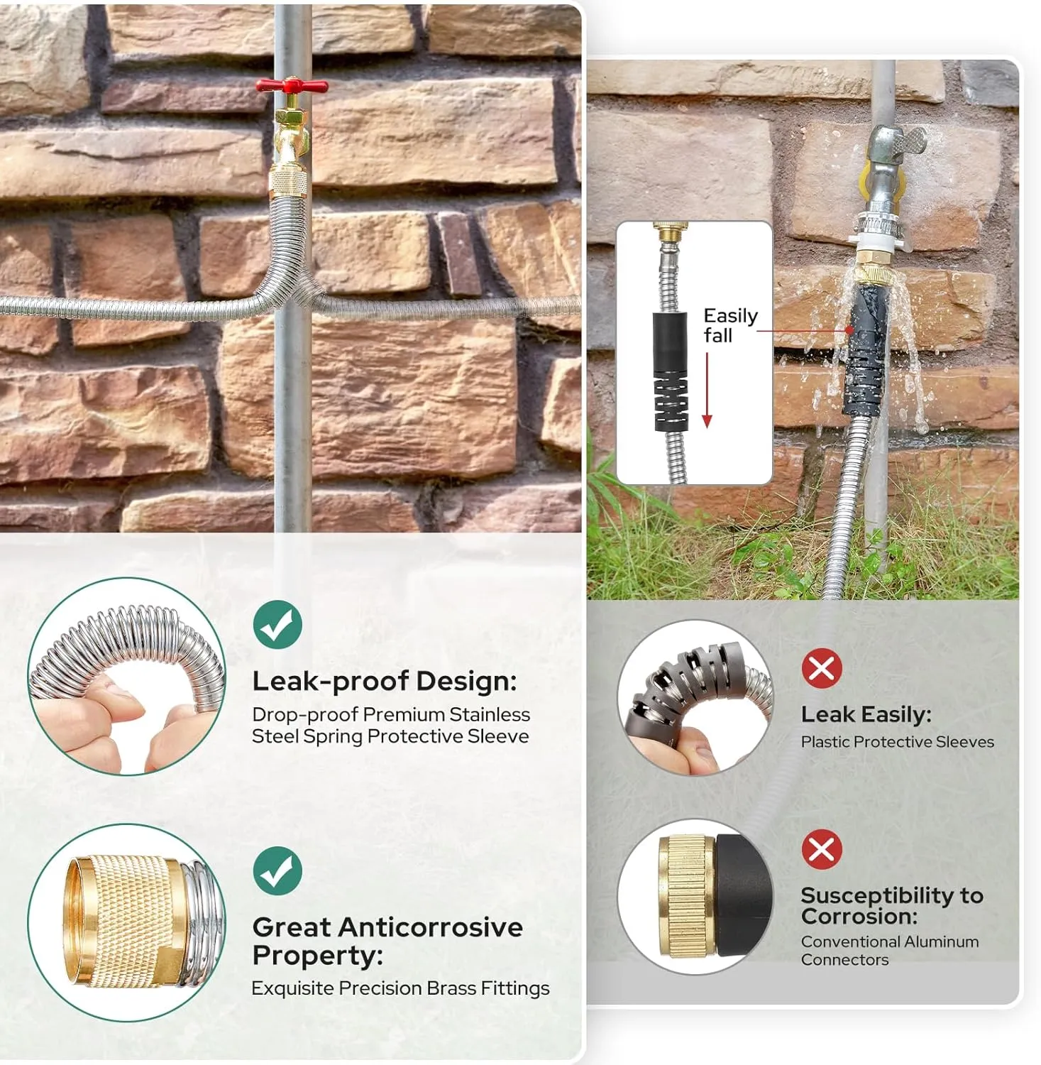 HOMEIDEAS 100 ft Leak-proof Stainless Steel Metal Garden Hose Set - Newly Premium SUS304 Spring Protective Sleeve, Anticorrosive 3/4" Brass Fittings - Perfect for Outdoor Watering
