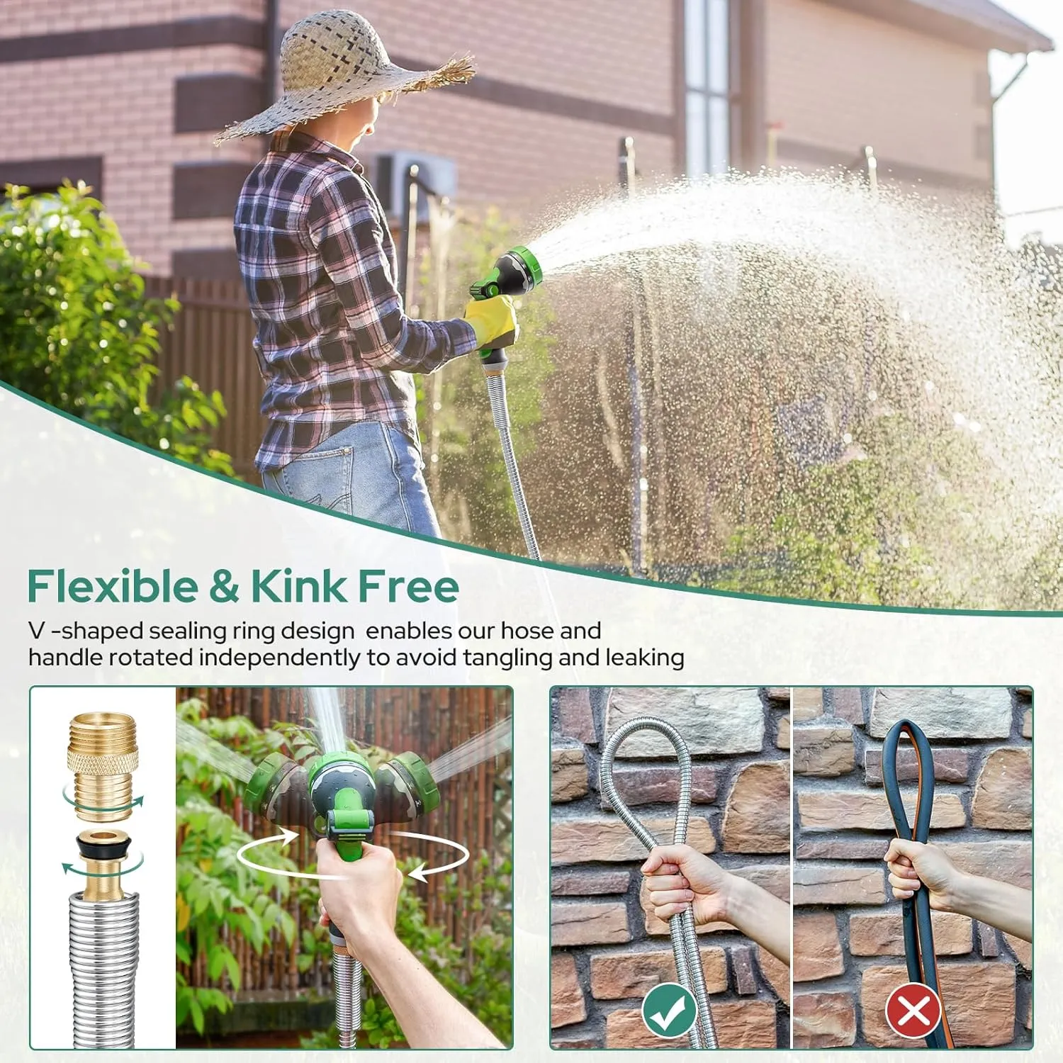 HOMEIDEAS 100 ft Leak-proof Stainless Steel Metal Garden Hose Set - Newly Premium SUS304 Spring Protective Sleeve, Anticorrosive 3/4" Brass Fittings - Perfect for Outdoor Watering