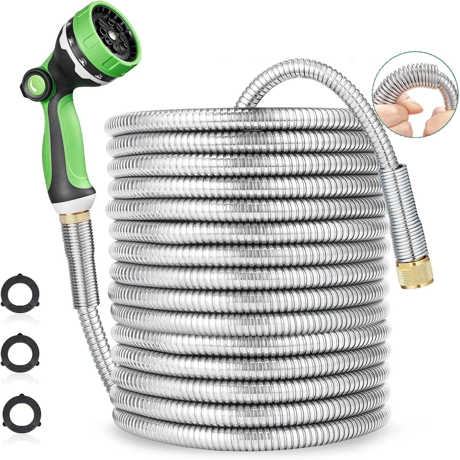 HOMEIDEAS 100 ft Leak-proof Stainless Steel Metal Garden Hose Set - Newly Premium SUS304 Spring Protective Sleeve, Anticorrosive 3/4" Brass Fittings - Perfect for Outdoor Watering