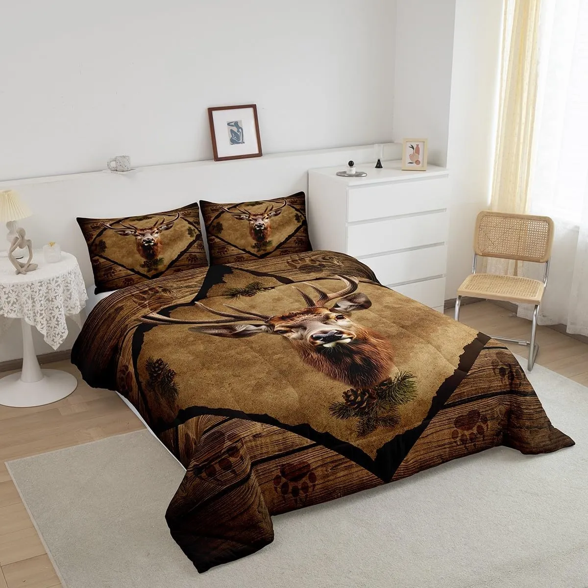 Homewish 3D Deer Bedding Set,Jungle Pine Cones Wildlife Decor Comforter Set for Kids Teens Adults,Animal Paw Print Retro Stripes Lodge Cabin Comforter Duvet Set with 1 Pillowcase Twin Size 2 Pcs