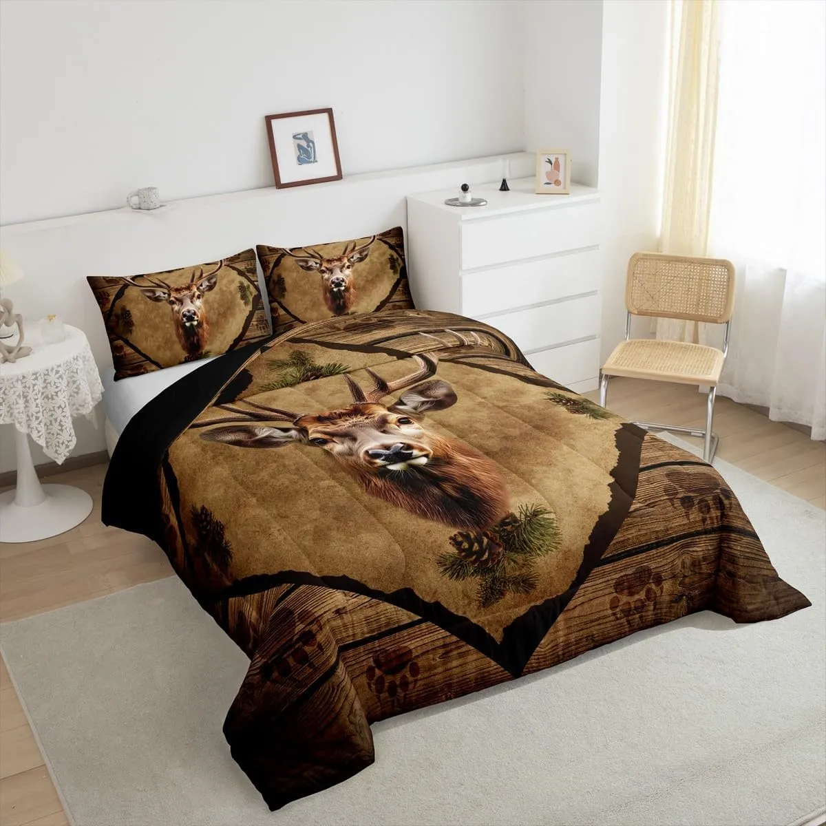 Homewish 3D Deer Bedding Set,Jungle Pine Cones Wildlife Decor Comforter Set for Kids Teens Adults,Animal Paw Print Retro Stripes Lodge Cabin Comforter Duvet Set with 1 Pillowcase Twin Size 2 Pcs