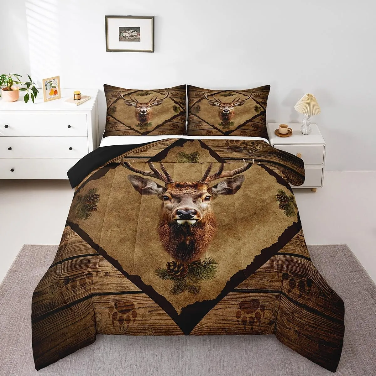 Homewish 3D Deer Bedding Set,Jungle Pine Cones Wildlife Decor Comforter Set for Kids Teens Adults,Animal Paw Print Retro Stripes Lodge Cabin Comforter Duvet Set with 1 Pillowcase Twin Size 2 Pcs