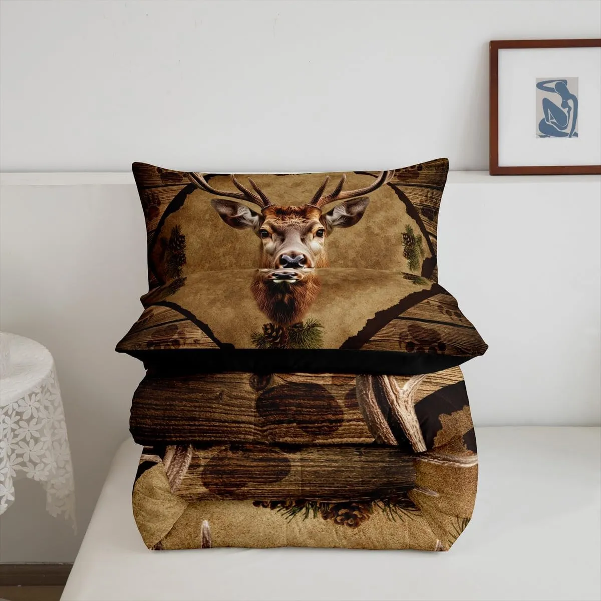 Homewish 3D Deer Bedding Set,Jungle Pine Cones Wildlife Decor Comforter Set for Kids Teens Adults,Animal Paw Print Retro Stripes Lodge Cabin Comforter Duvet Set with 1 Pillowcase Twin Size 2 Pcs