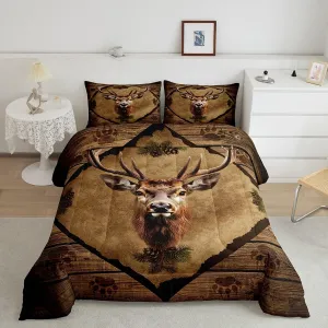 Homewish 3D Deer Bedding Set,Jungle Pine Cones Wildlife Decor Comforter Set for Kids Teens Adults,Animal Paw Print Retro Stripes Lodge Cabin Comforter Duvet Set with 1 Pillowcase Twin Size 2 Pcs