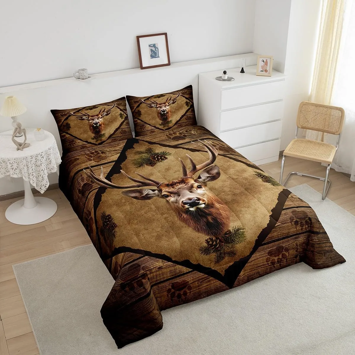 Homewish 3D Deer Bedding Set,Jungle Pine Cones Wildlife Decor Comforter Set for Kids Teens Adults,Animal Paw Print Retro Stripes Lodge Cabin Comforter Duvet Set with 1 Pillowcase Twin Size 2 Pcs
