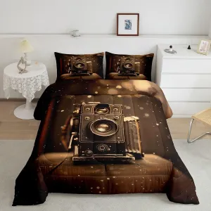 Homewish 3D Retro Movie Comforter Set Full Size,70s Movie Theater Bedding Set 3Pcs for Kids Teens Adult Room Decor,Film Equipment Down Comforter Vintage Brown Soft Cozy Duvet Insert,2 Pillowcases