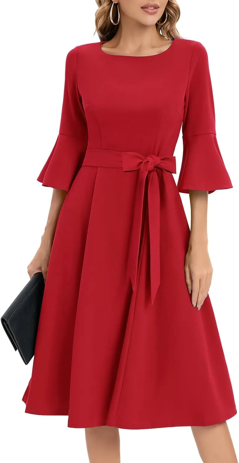 HomRain Women's Church Dresses for 2025 Wedding Guest Cocktail Tea Party Bell Sleeve Vintage Evening Graduation Dress