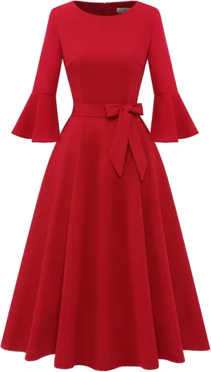 HomRain Women's Church Dresses for 2025 Wedding Guest Cocktail Tea Party Bell Sleeve Vintage Evening Graduation Dress