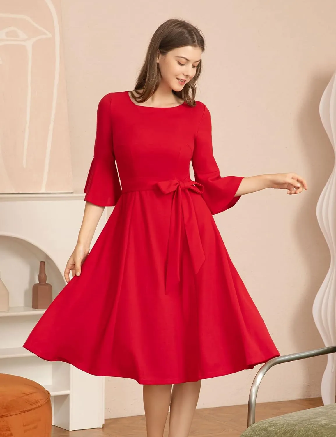 HomRain Women's Church Dresses for 2025 Wedding Guest Cocktail Tea Party Bell Sleeve Vintage Evening Graduation Dress