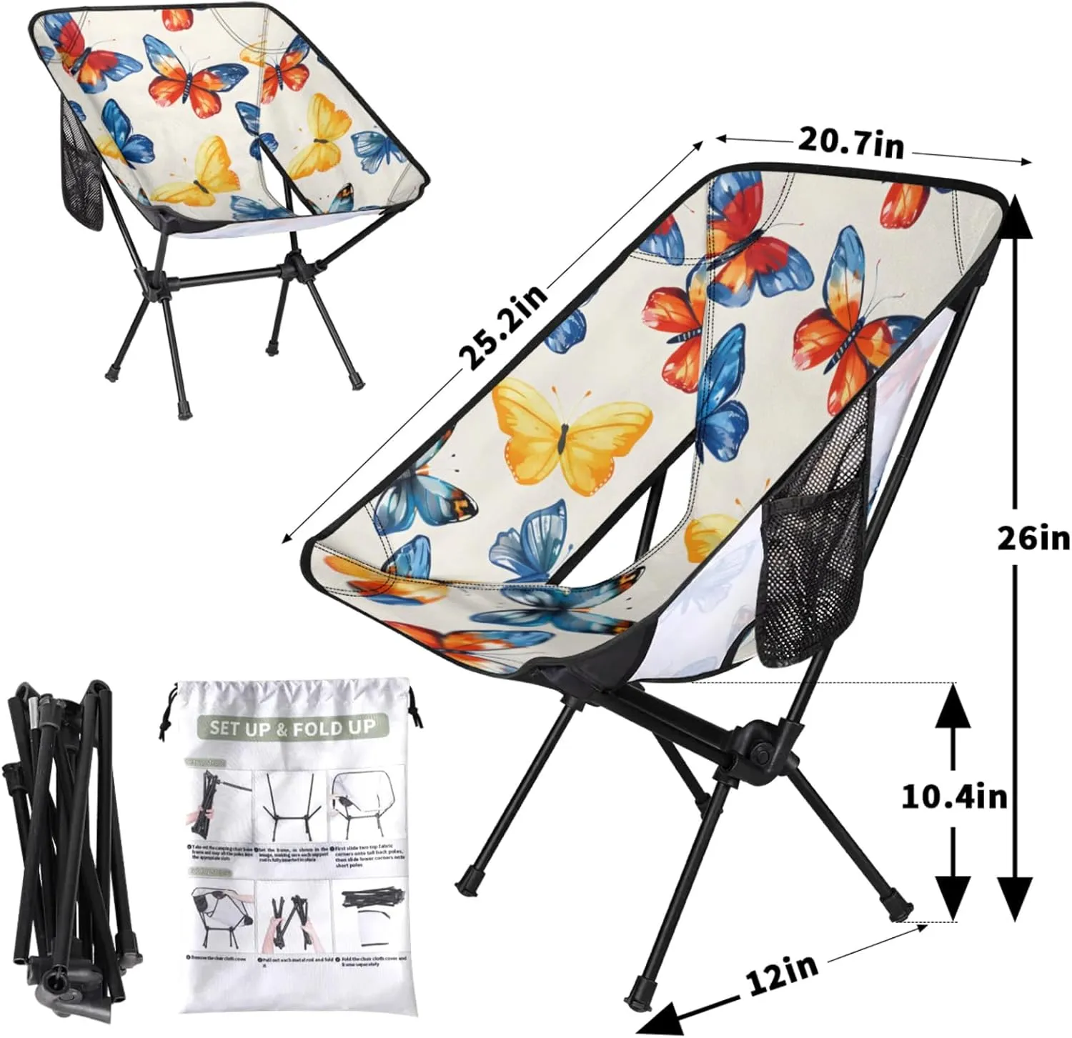 Honeybaby Folding Camping Chair Butterfly Dancing Camping Chairs Lightweight Portable Chair Outdoor Foldable Chairs for Camping Travel Picnic Beach Hiking