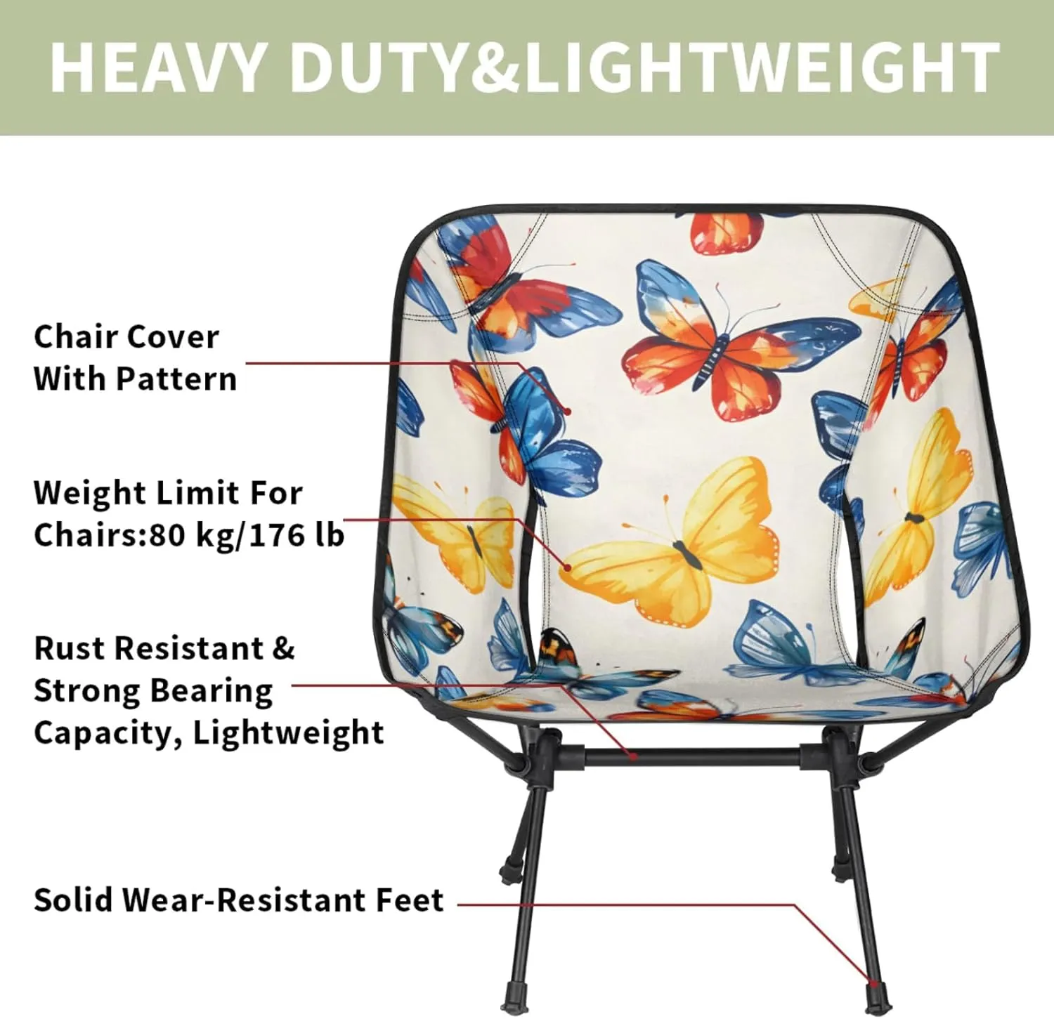 Honeybaby Folding Camping Chair Butterfly Dancing Camping Chairs Lightweight Portable Chair Outdoor Foldable Chairs for Camping Travel Picnic Beach Hiking