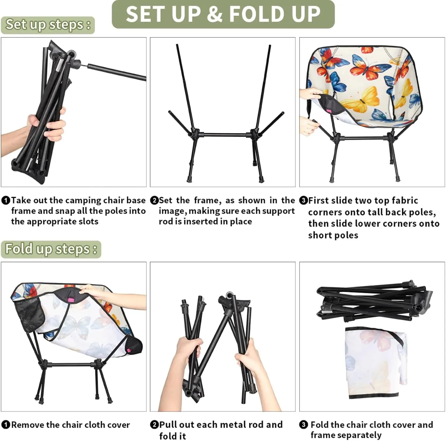 Honeybaby Folding Camping Chair Butterfly Dancing Camping Chairs Lightweight Portable Chair Outdoor Foldable Chairs for Camping Travel Picnic Beach Hiking