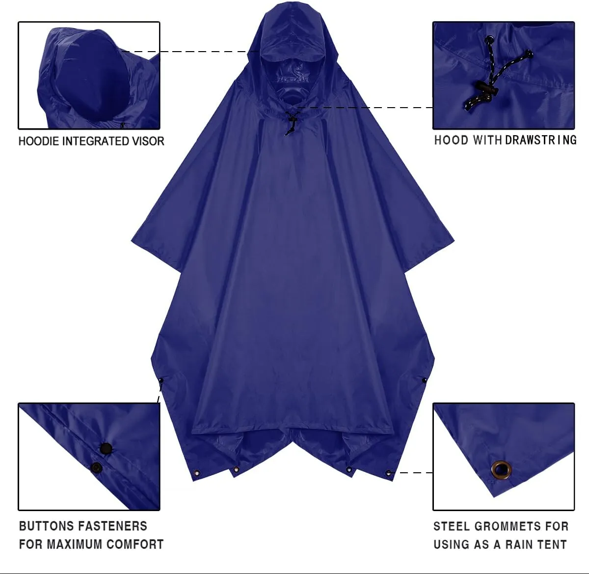 Hooded Rain Poncho for Adult, Waterproof Lightweight Raincoat for Hiking Camping