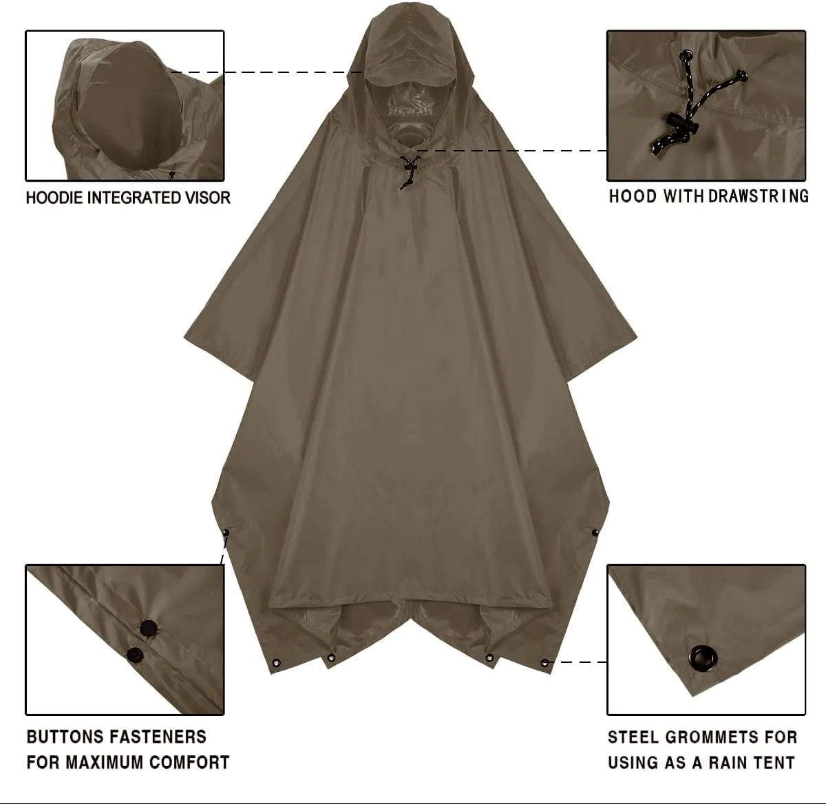 Hooded Rain Poncho for Adult, Waterproof Lightweight Raincoat for Hiking Camping