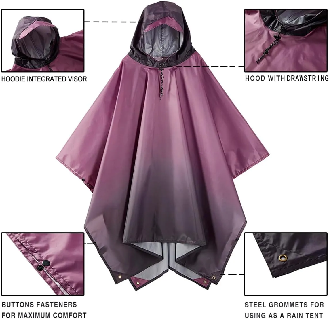 Hooded Rain Poncho for Adult, Waterproof Lightweight Raincoat for Hiking Camping