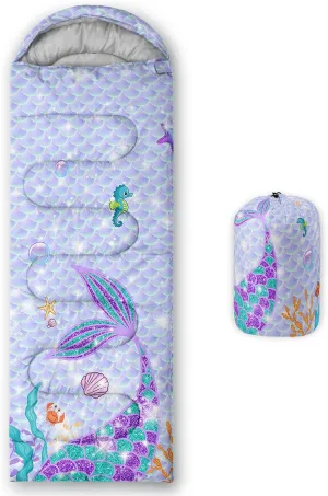HOSIMA Mermaid Tail Kids Sleeping Bags for Camping Hiking Travel,Purple Fish Scale Backpacking Sleeping Bag Sleep Away Camp Stuff for Girls,4 Seasons Lightweight Sleeping Bags for Adults.