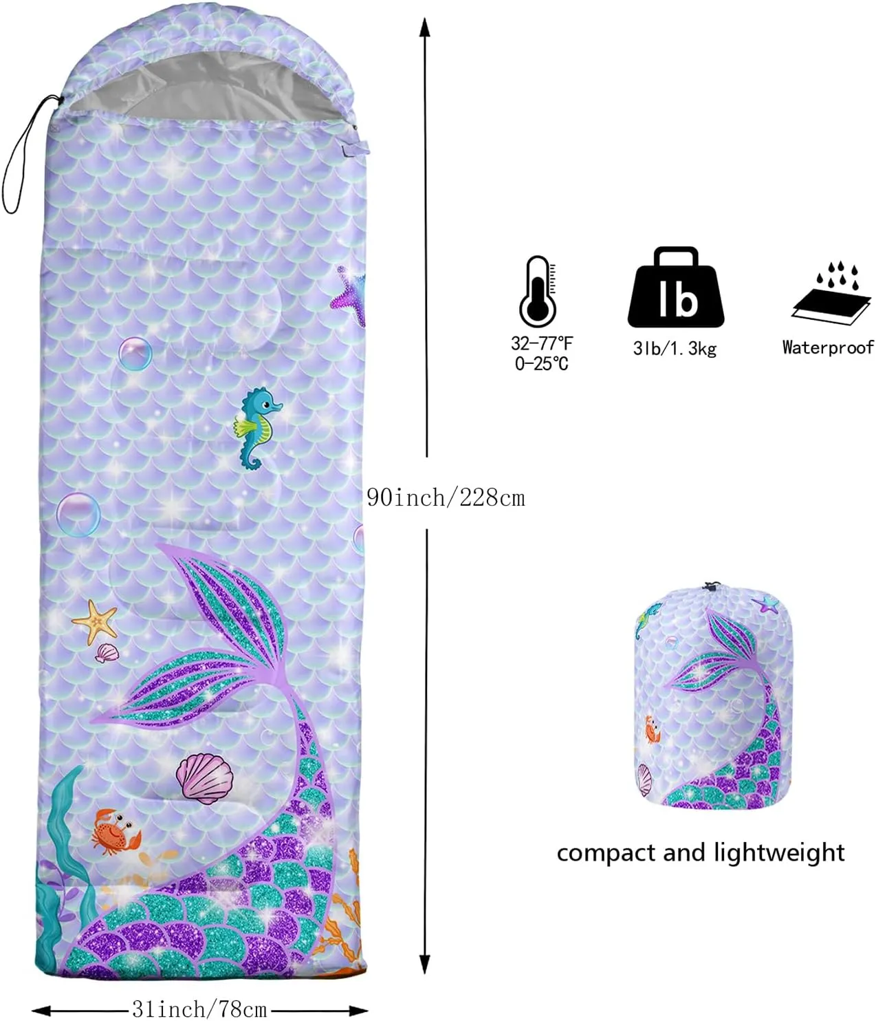 HOSIMA Mermaid Tail Kids Sleeping Bags for Camping Hiking Travel,Purple Fish Scale Backpacking Sleeping Bag Sleep Away Camp Stuff for Girls,4 Seasons Lightweight Sleeping Bags for Adults.