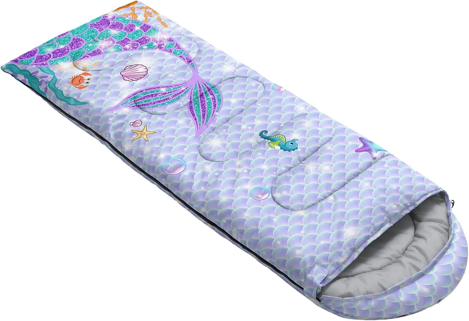 HOSIMA Mermaid Tail Kids Sleeping Bags for Camping Hiking Travel,Purple Fish Scale Backpacking Sleeping Bag Sleep Away Camp Stuff for Girls,4 Seasons Lightweight Sleeping Bags for Adults.