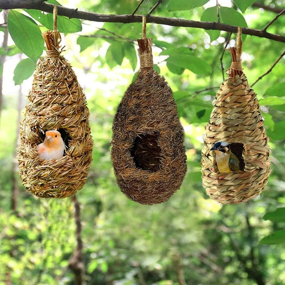 Hummingbird House, Pack of 3 Grass Bird Hut, Hand Woven Hanging Birdhouse Outside Roosting Pocket Nest for Hummingbird Wren Sparrow Wicker Finch Chickadee