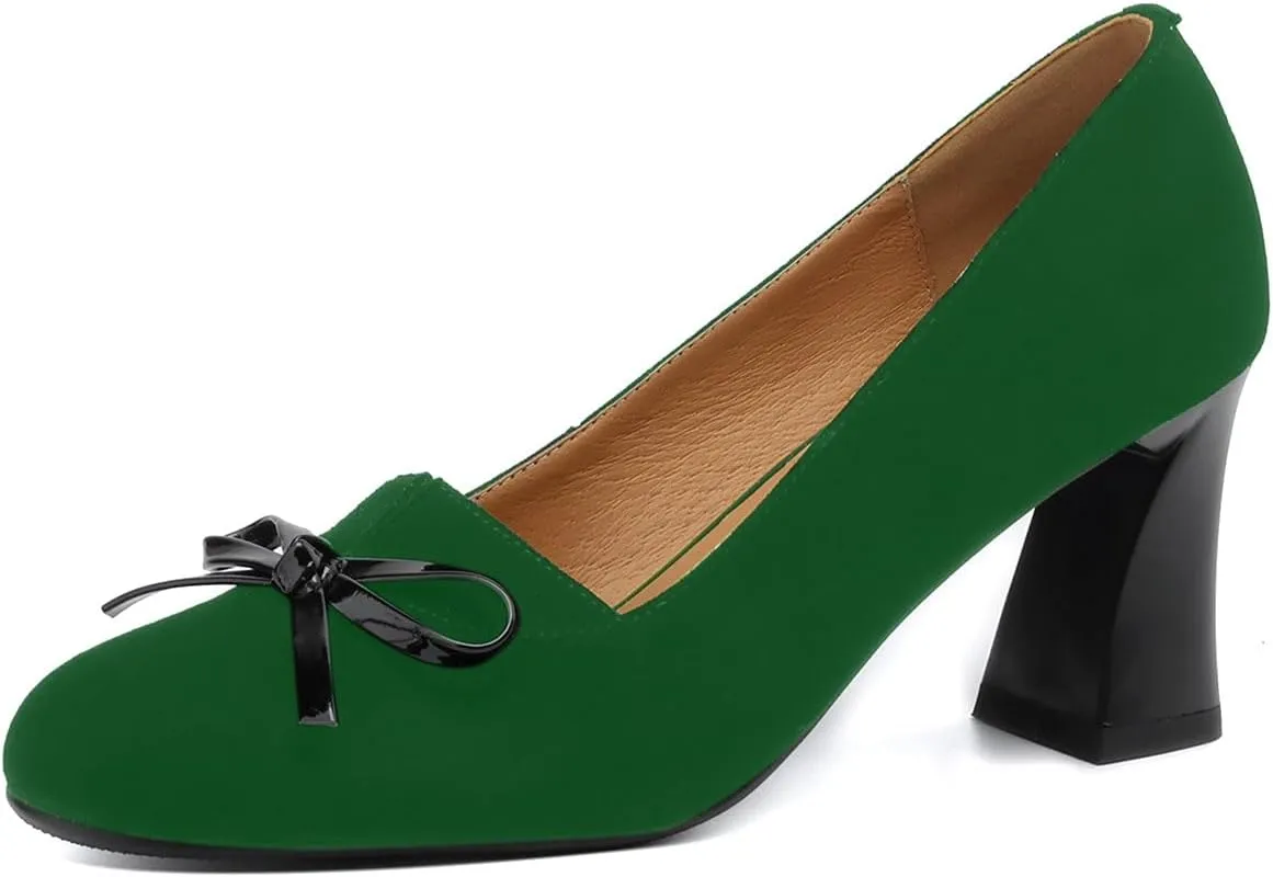 iadore Women Fashion High Chunky Heel Shoes Retro Suede Bowknot Slip on Round Toe Comfortable Dress Pumps Size 5-12 US