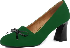 iadore Women Fashion High Chunky Heel Shoes Retro Suede Bowknot Slip on Round Toe Comfortable Dress Pumps Size 5-12 US