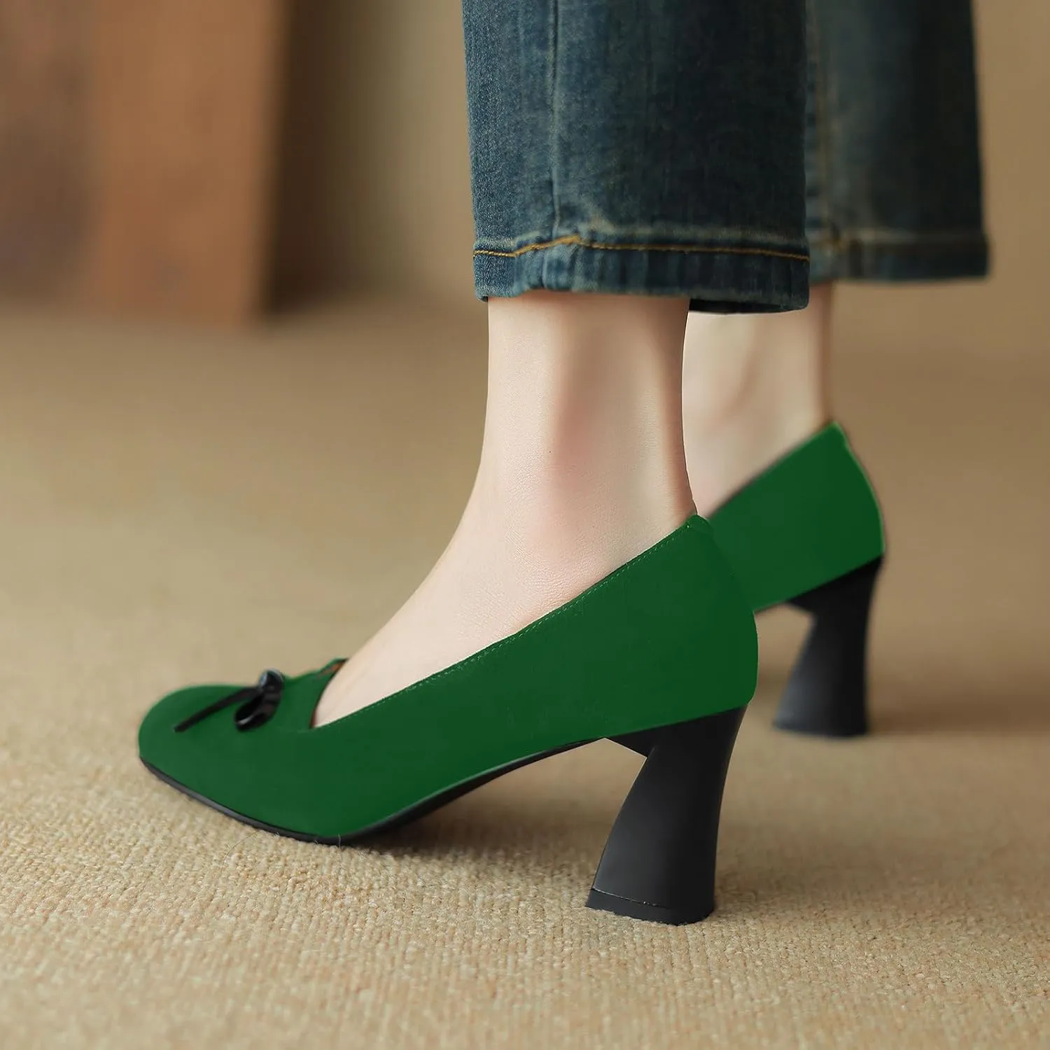 iadore Women Fashion High Chunky Heel Shoes Retro Suede Bowknot Slip on Round Toe Comfortable Dress Pumps Size 5-12 US