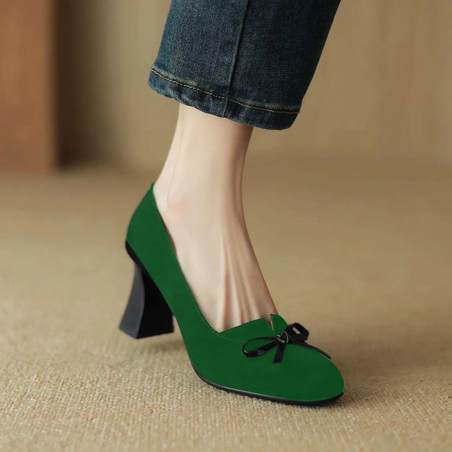 iadore Women Fashion High Chunky Heel Shoes Retro Suede Bowknot Slip on Round Toe Comfortable Dress Pumps Size 5-12 US