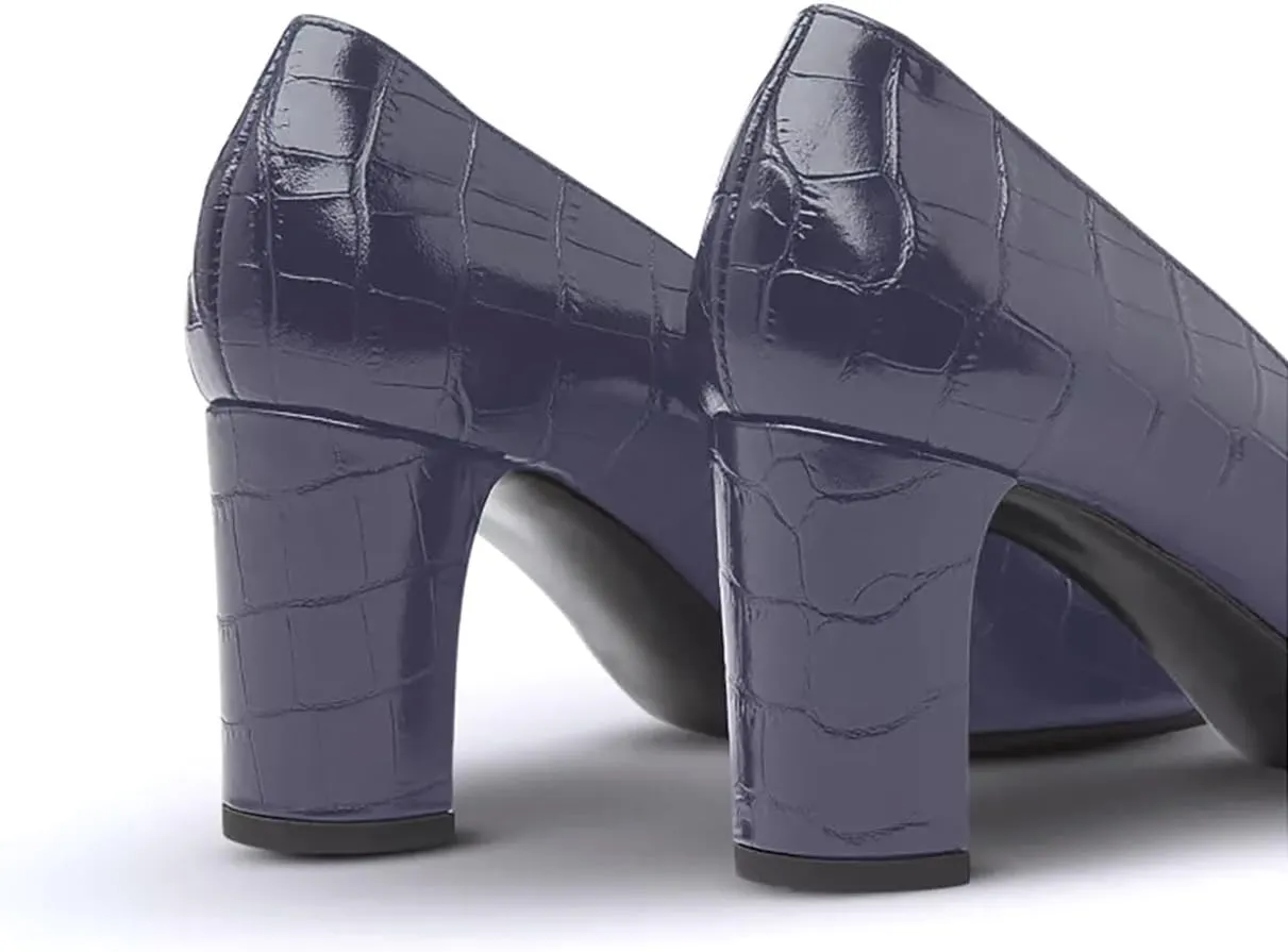 iadore Women Retro Chunky High Heel Shoes Fashion Round Toe Crocodile Pattern Slip on Comfortable Dress Pumps Size 5-12 US