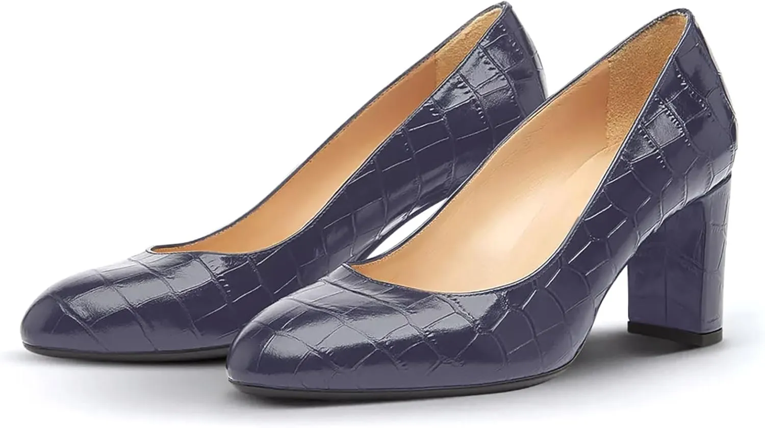 iadore Women Retro Chunky High Heel Shoes Fashion Round Toe Crocodile Pattern Slip on Comfortable Dress Pumps Size 5-12 US