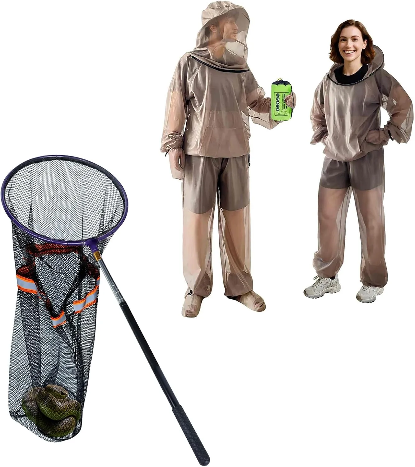 IC ICLOVER 4-Piece Mosquito Jacket Small/Medium Snake Catcher Net, Bug Jacket with Hood, Mosquito Net Suits for Gardening Fishing，Rattle Snake Catching and Transport Picker, Extended from 16" to 59"