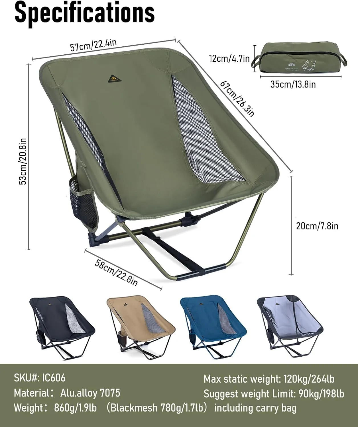 iClimb Low Ultralight Compact Camping Folding Chair with Side Pocket and Carry Bag