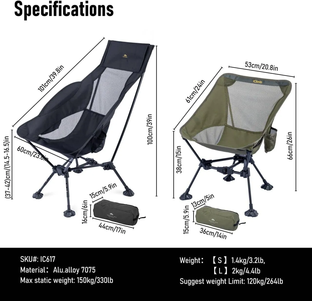 iClimb Ultralight Compact Camping Folding Beach Chair with Anti-Sinking Large Feet