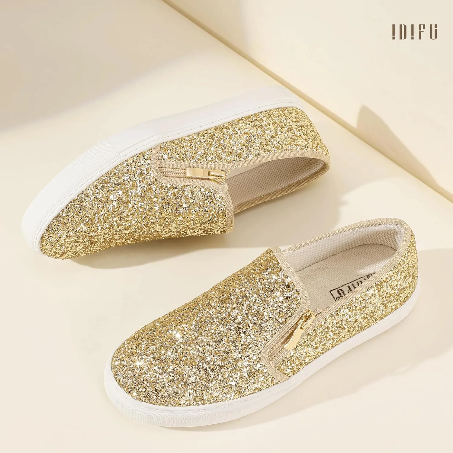 IDIFU Women's Glitter Sneakers Sparkly Sequin Slip On Tennis Shoes Ladies Bride Casual Comfortable Dressy Trendy Cute Fashion Sneakers Wedding Low Top Bling Flat Loafers Sneakers Shoes