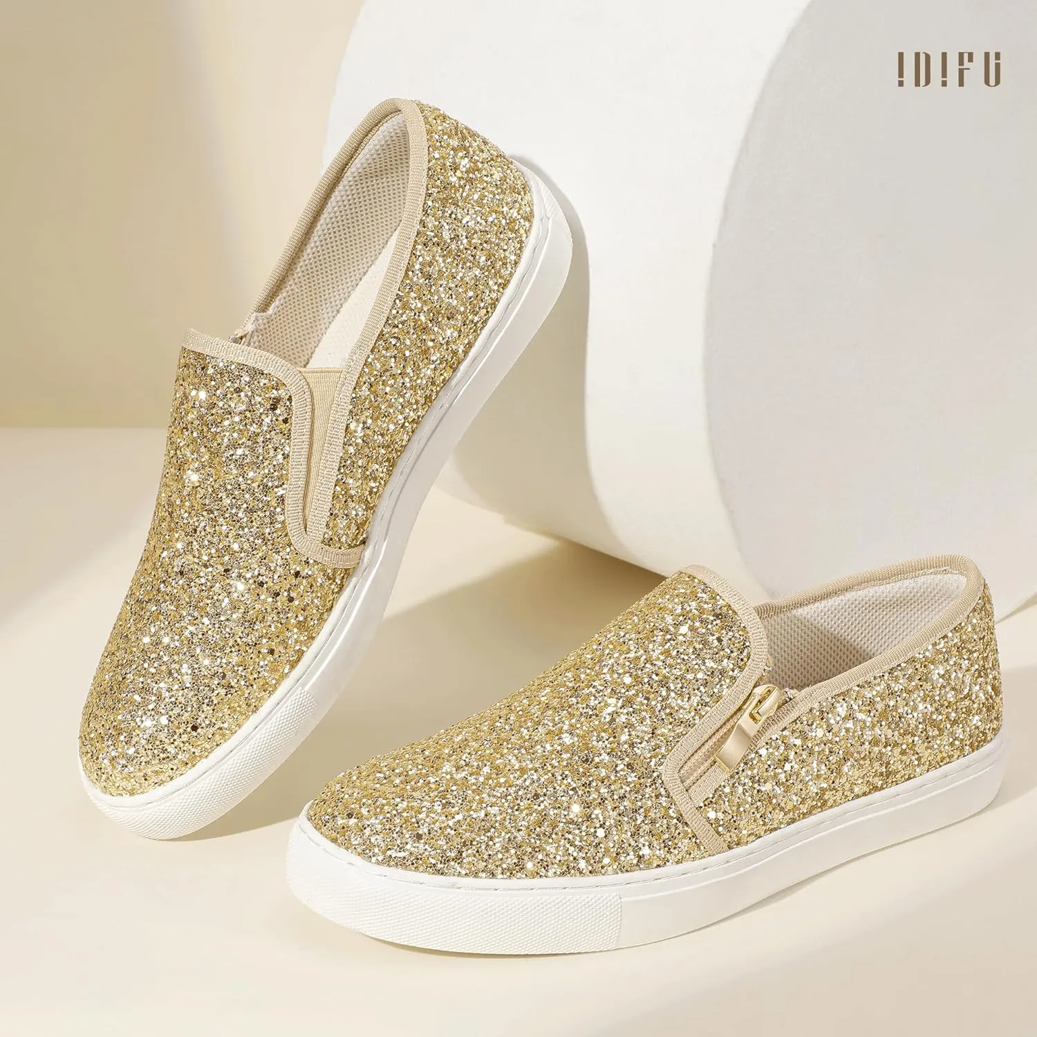 IDIFU Women's Glitter Sneakers Sparkly Sequin Slip On Tennis Shoes Ladies Bride Casual Comfortable Dressy Trendy Cute Fashion Sneakers Wedding Low Top Bling Flat Loafers Sneakers Shoes