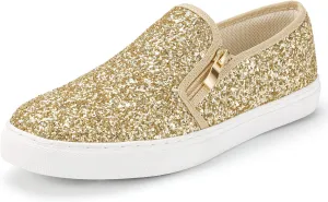 IDIFU Women's Glitter Sneakers Sparkly Sequin Slip On Tennis Shoes Ladies Bride Casual Comfortable Dressy Trendy Cute Fashion Sneakers Wedding Low Top Bling Flat Loafers Sneakers Shoes
