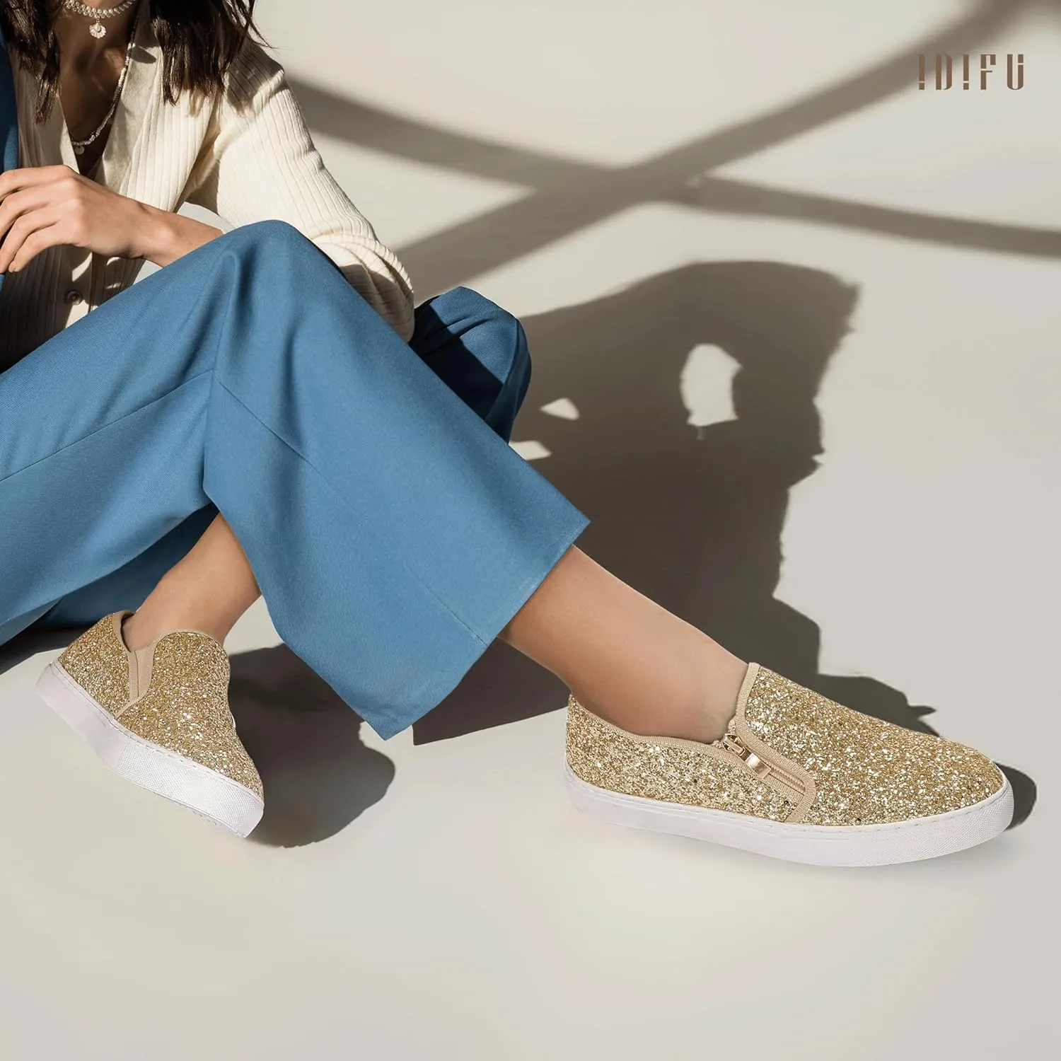 IDIFU Women's Glitter Sneakers Sparkly Sequin Slip On Tennis Shoes Ladies Bride Casual Comfortable Dressy Trendy Cute Fashion Sneakers Wedding Low Top Bling Flat Loafers Sneakers Shoes
