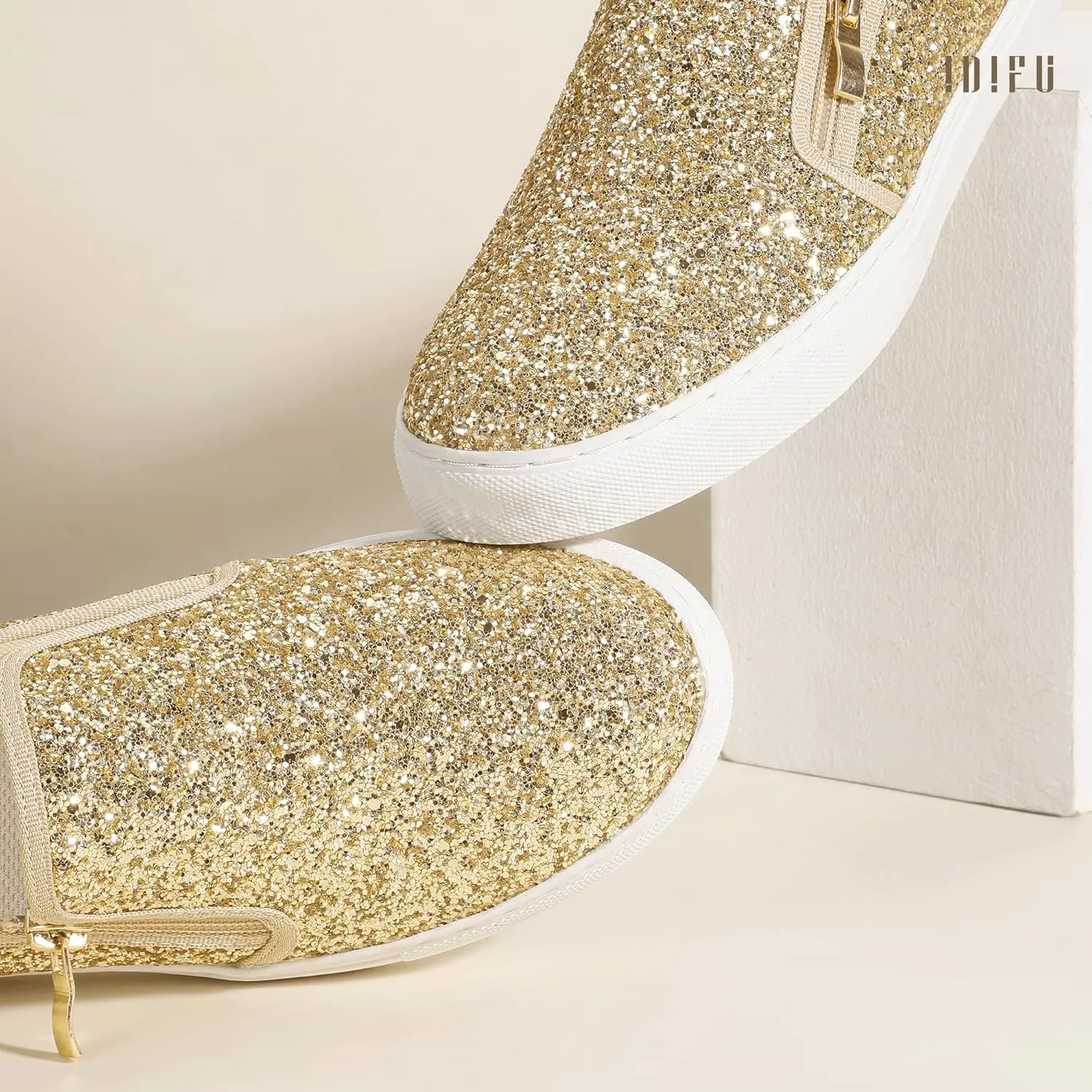 IDIFU Women's Glitter Sneakers Sparkly Sequin Slip On Tennis Shoes Ladies Bride Casual Comfortable Dressy Trendy Cute Fashion Sneakers Wedding Low Top Bling Flat Loafers Sneakers Shoes