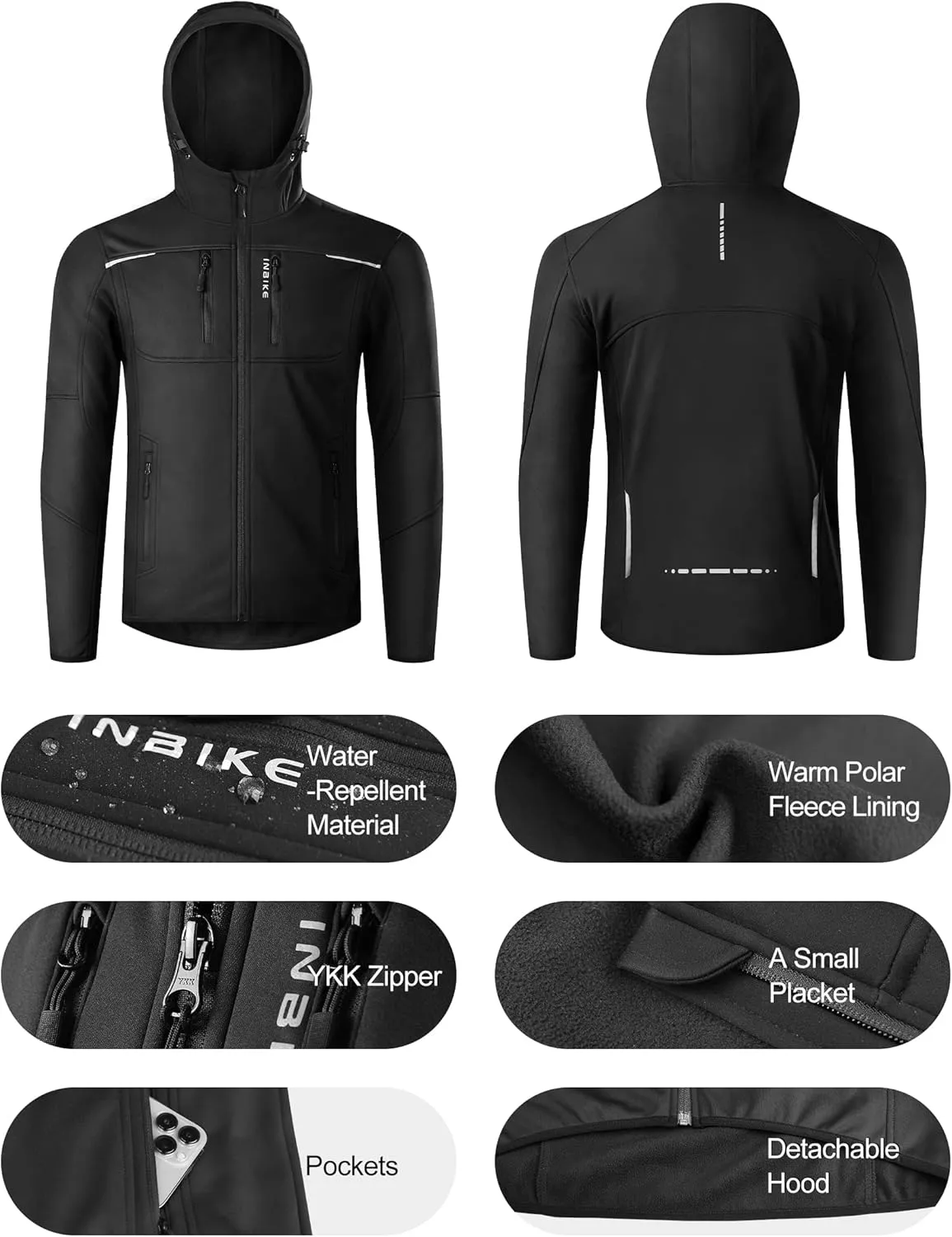 INBIKE Cycling Jackets for Men Women, Thermal Bike Jacket Windproof Breathable Reflective Softshell Windbreaker with Pockets
