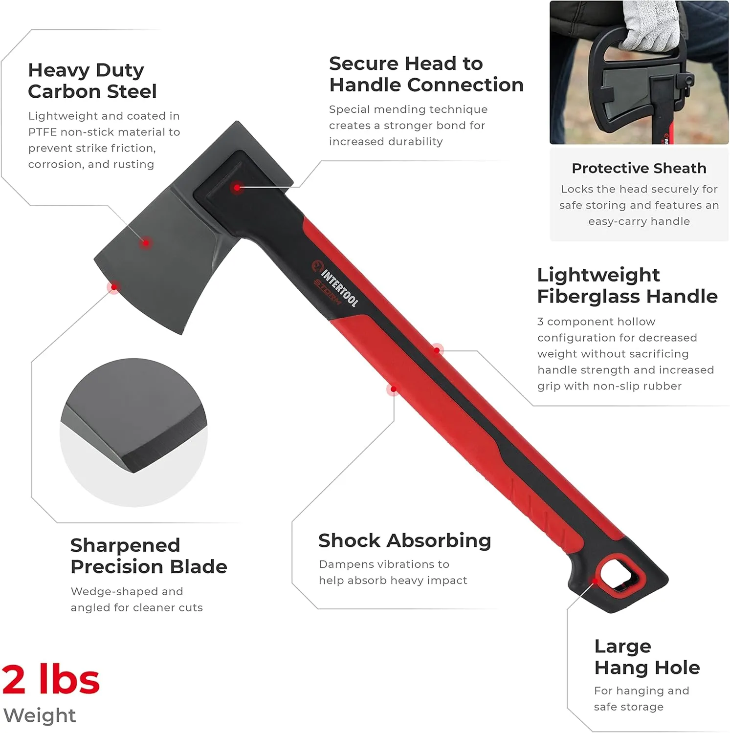 INTERTOOL Long Hatchet Camping Axe for Wood Chopping and Kindling - 18" Ax Tool for Splitting Firewood & Outdoor Survival, Gardening, Hiking with Shock Absorbing Anti-Slip Handle & Sheath - HT08-0292