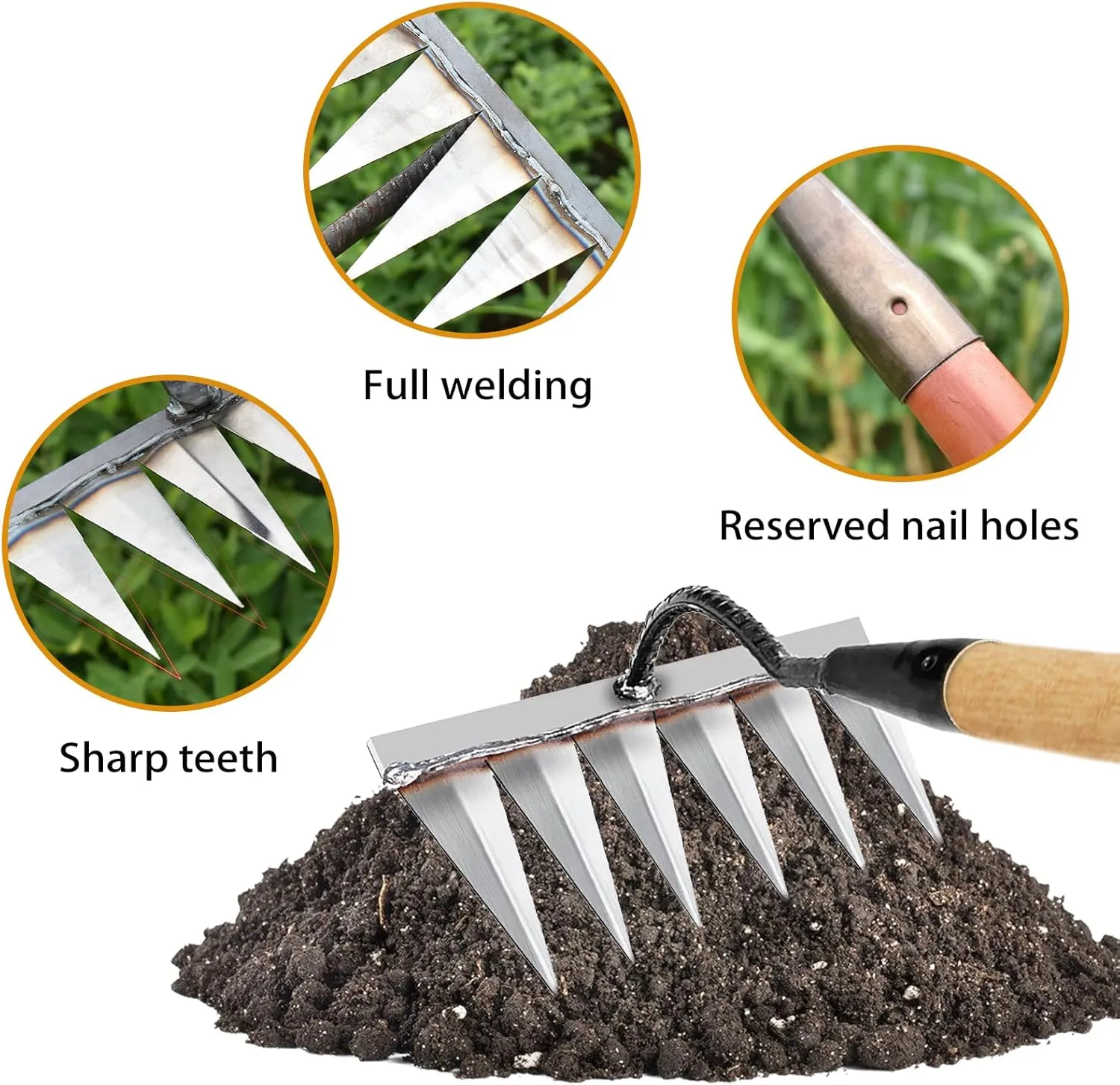 Iron Rake for Gardening and Weeding - Heavy Duty Garden Tool, Carbon Steel Hand Rake for Sturdy Dethatching, 6 Toothed Steel