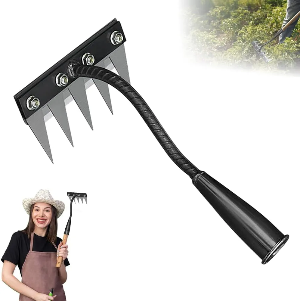 Iron Weeding Rake 2.0, 2025 Upgraded Iron Rake for Gardening and Weeding, Heavy Duty Weed Rakes Puller Tool, Hand Dethatching Rakes for Lawns Yard Garden Tools for Weeding (5 Teeth)