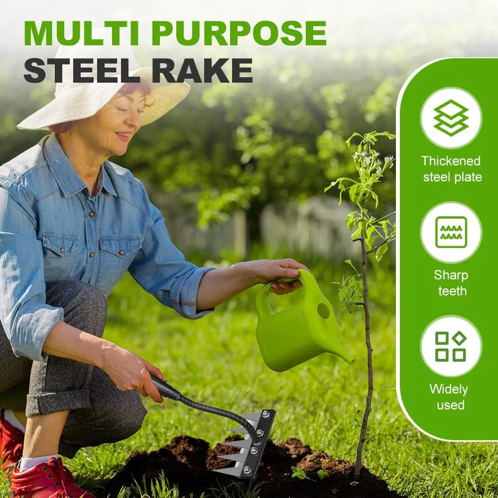 Iron Weeding Rake 2.0, 2025 Upgraded Iron Rake for Gardening and Weeding, Heavy Duty Weed Rakes Puller Tool, Hand Dethatching Rakes for Lawns Yard Garden Tools for Weeding (5 Teeth)