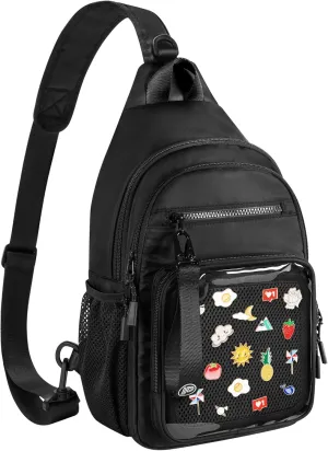 Ita Bag Crossbody Pin Display Sling Bag with Insert, Ita Chest Pack Backpack with Clear Pocket for Trading Pins, Comic Con, Travel, Black