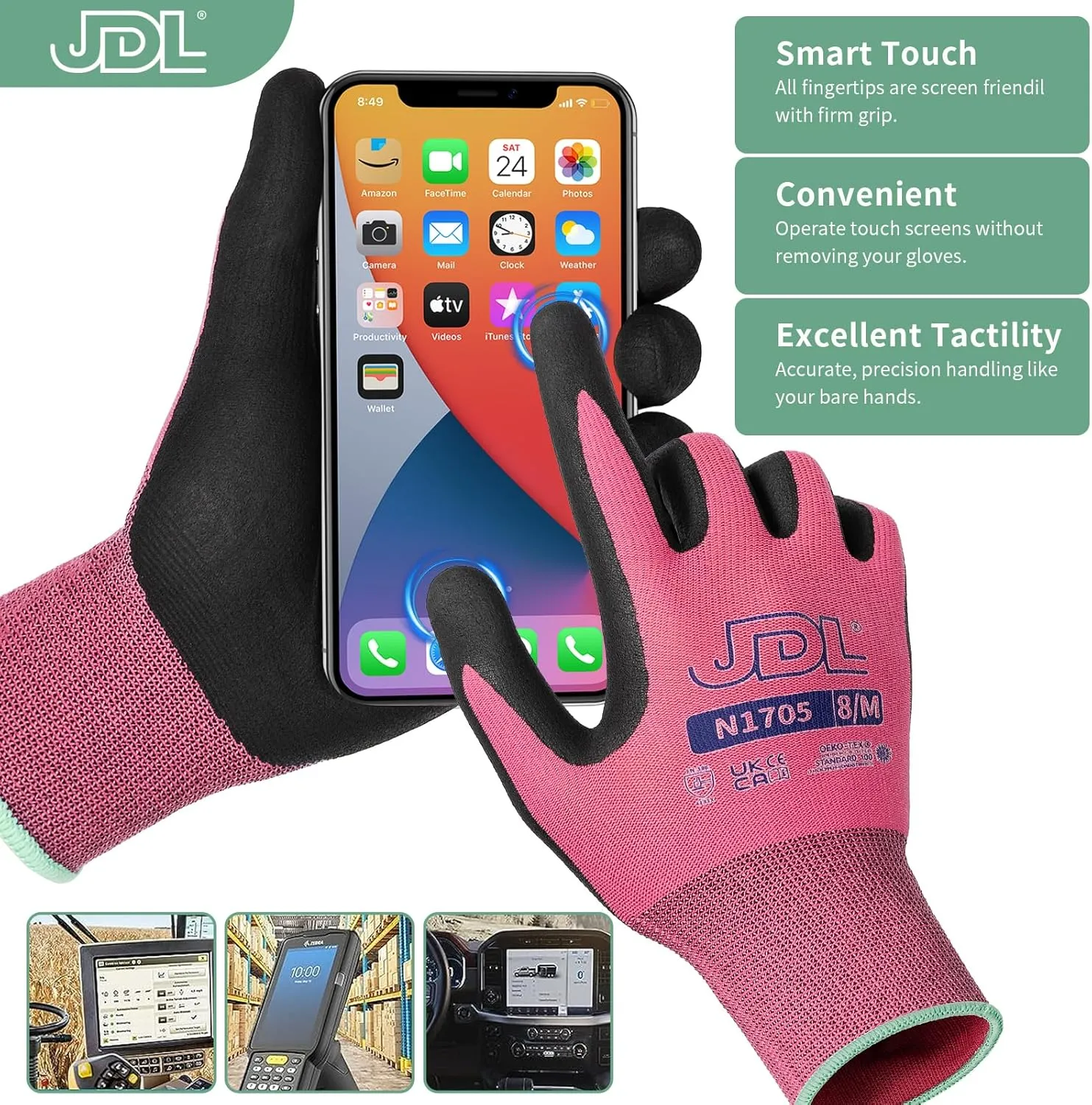 JDL Safety Work Gloves - Pink, Small, 3 pairs, Nitrile Coated Garden Gloves for Men & Women with Seamless Knit Nylon Grip Fingers and Touchscreen Compatibility