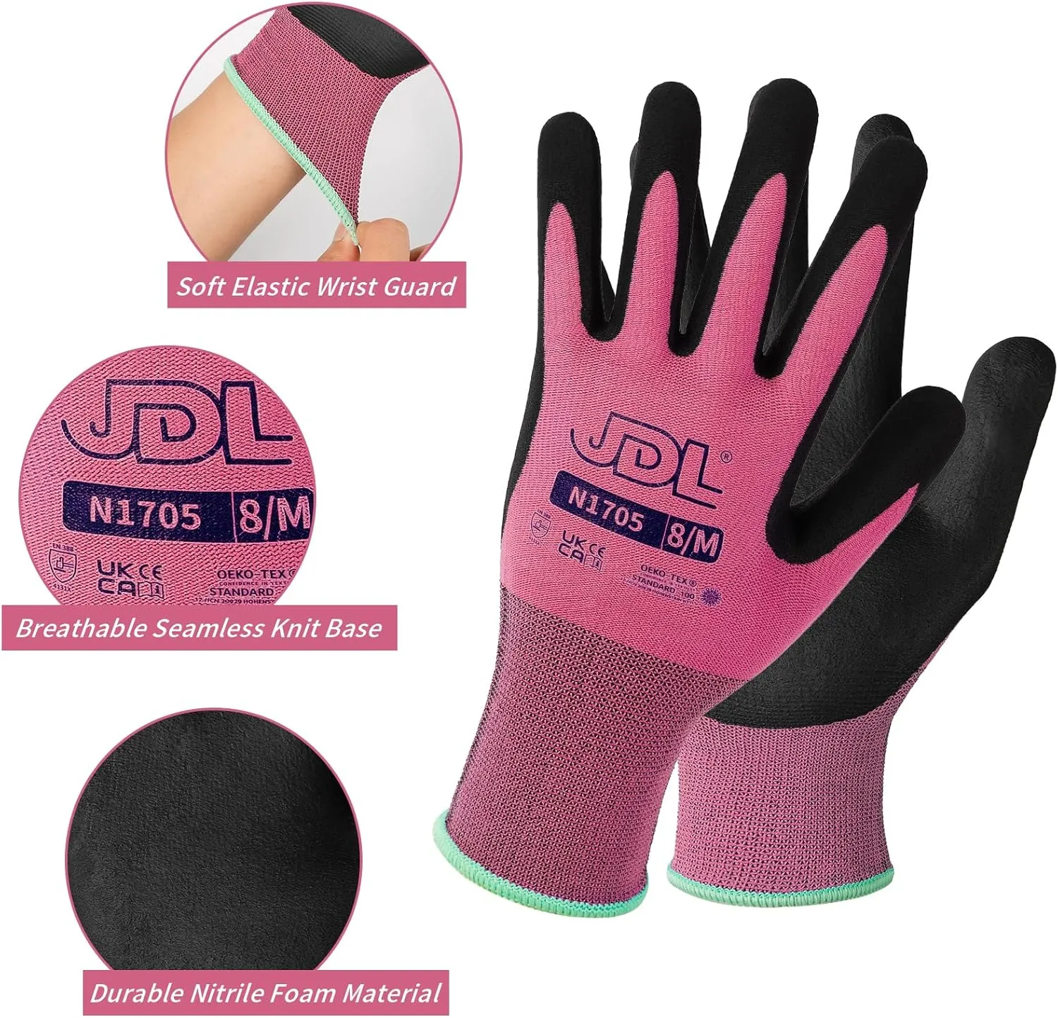 JDL Safety Work Gloves - Pink, Small, 3 pairs, Nitrile Coated Garden Gloves for Men & Women with Seamless Knit Nylon Grip Fingers and Touchscreen Compatibility