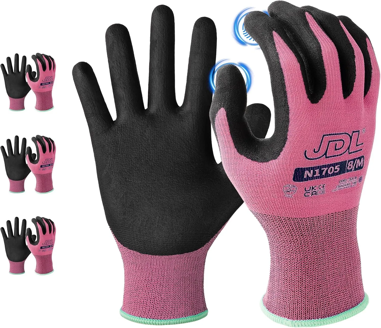 JDL Safety Work Gloves - Pink, Small, 3 pairs, Nitrile Coated Garden Gloves for Men & Women with Seamless Knit Nylon Grip Fingers and Touchscreen Compatibility