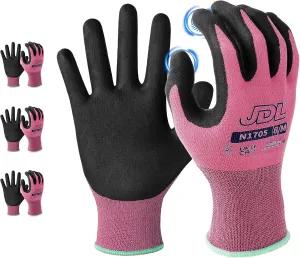 JDL Safety Work Gloves - Pink, Small, 3 pairs, Nitrile Coated Garden Gloves for Men & Women with Seamless Knit Nylon Grip Fingers and Touchscreen Compatibility