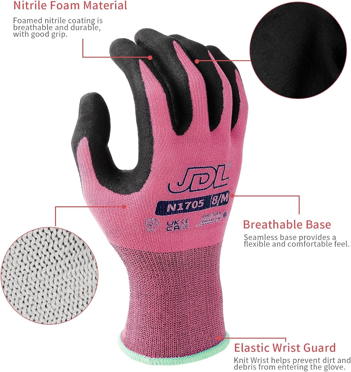 JDL Work Gloves Women men Microfoam Nitrile Coated Gloves 3/6/12/24 Pairs, Seamless Knit Grip Touchscreen Gardening Gloves