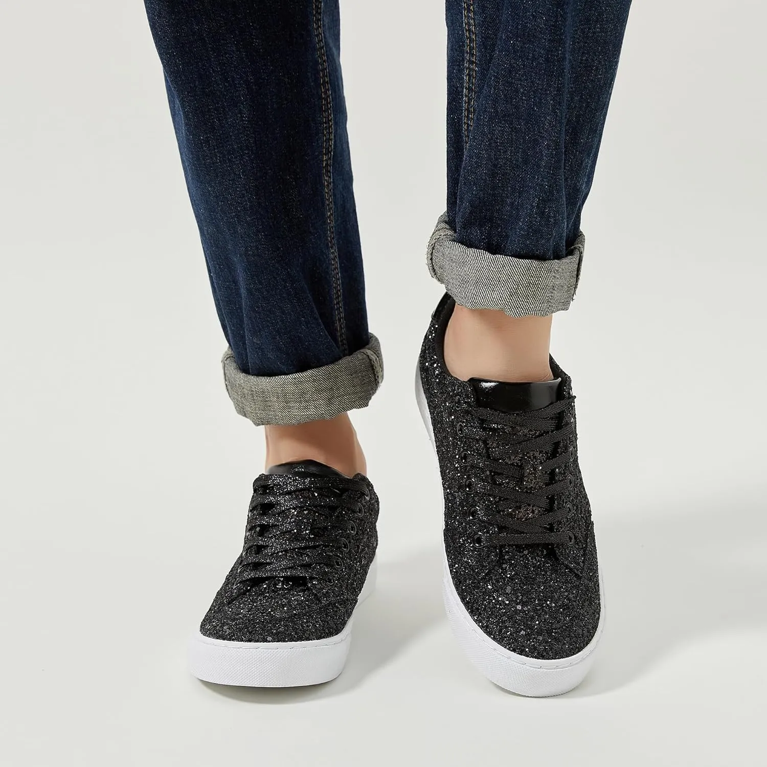 Jeekopeg Glitter Sparkly Fashion Sneakers Shoes Shiny Casual Shoes Bling Sequin Concert Low Cut Lace up Shoes